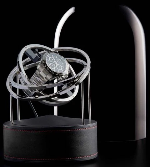 Bernard Favre Watch Winder Planet Double Axis Black Leather Base Red Stitch