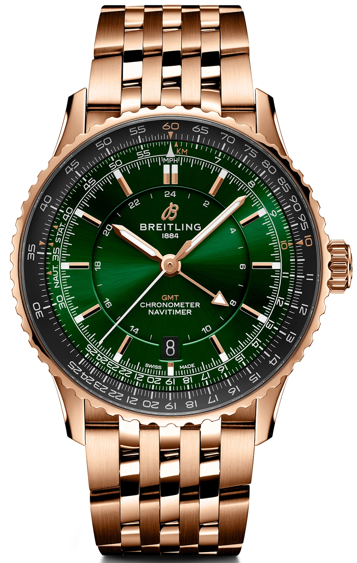 Breitling Navitimer GMT 41 Green 18k Red Gold Bracelet Watch