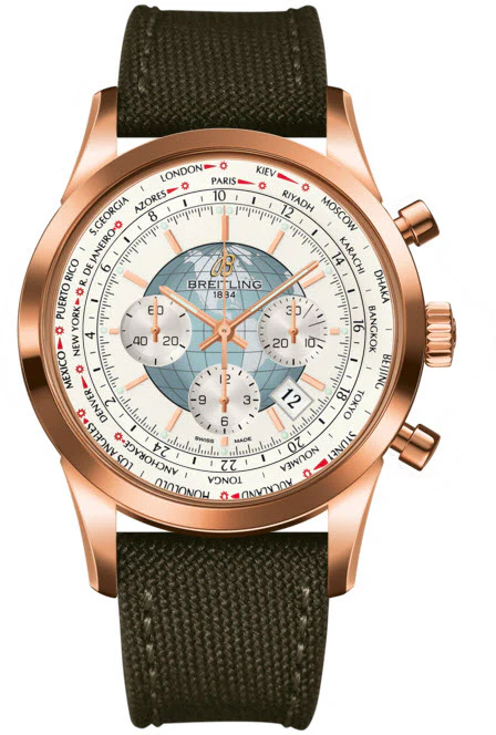 Breitling Watch Transocean Chronograph Unitime Polar White Red Gold