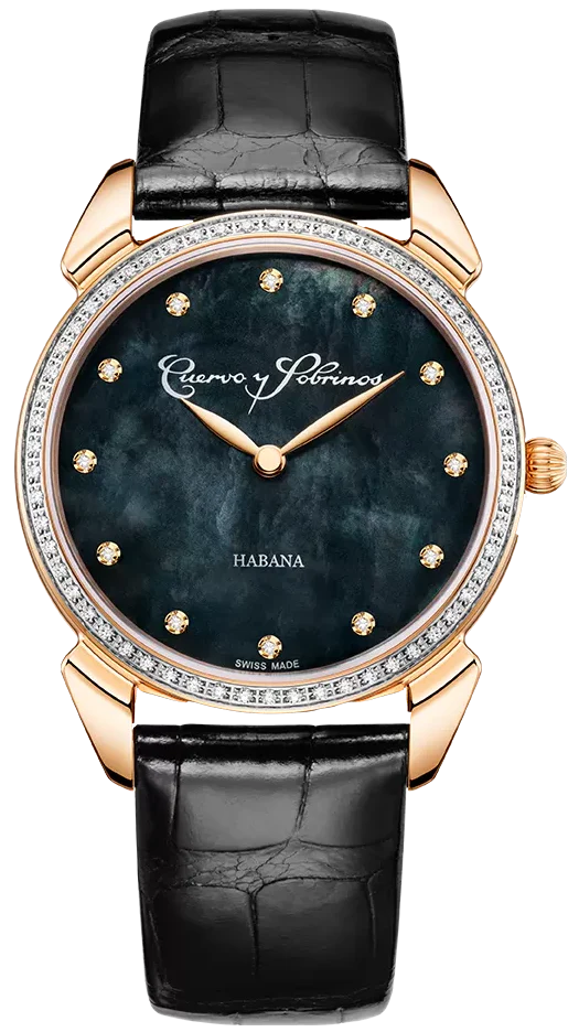 Cuervo y Sobrinos Watch Historiador Primera Dama Gold PVD Diamond Black