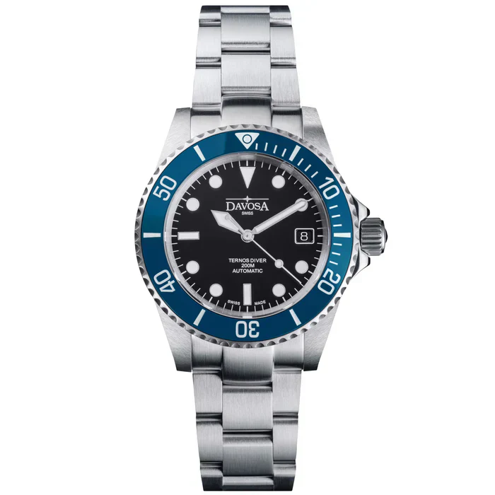 Davosa Watch  Ternos Diver Black and Blue Bezel Tri Link
