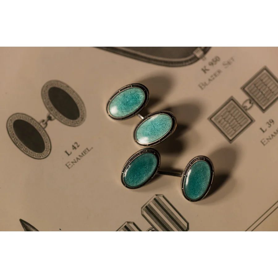 Deakin & Francis Cufflinks Sterling Silver Blue Oval Vitreous Enamel Vintage - Image 2
