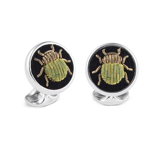 Deakin & Francis Cufflinks Sterling Silver Embroidered Green And Gold Bug