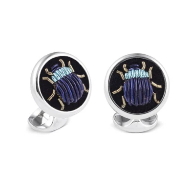 Deakin & Francis Cufflinks Sterling Silver Embroidered Light And Dark Blue Bug