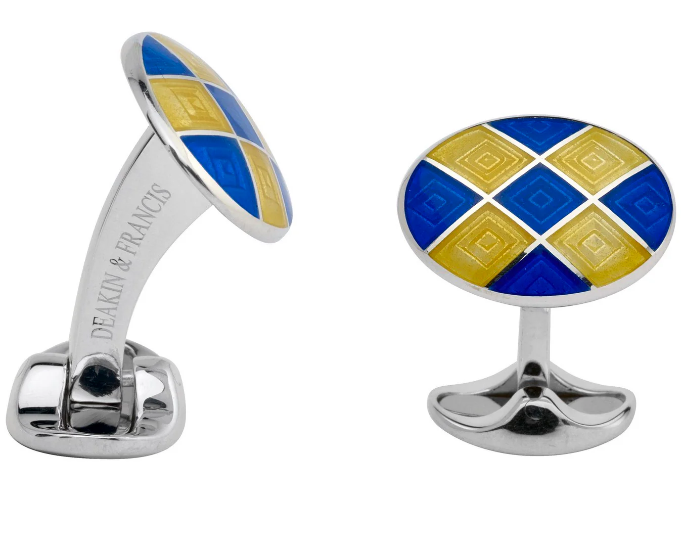 Deakin & Francis Cufflinks Sterling Silver Royal Blue Bright Yellow Patterened Enamel
