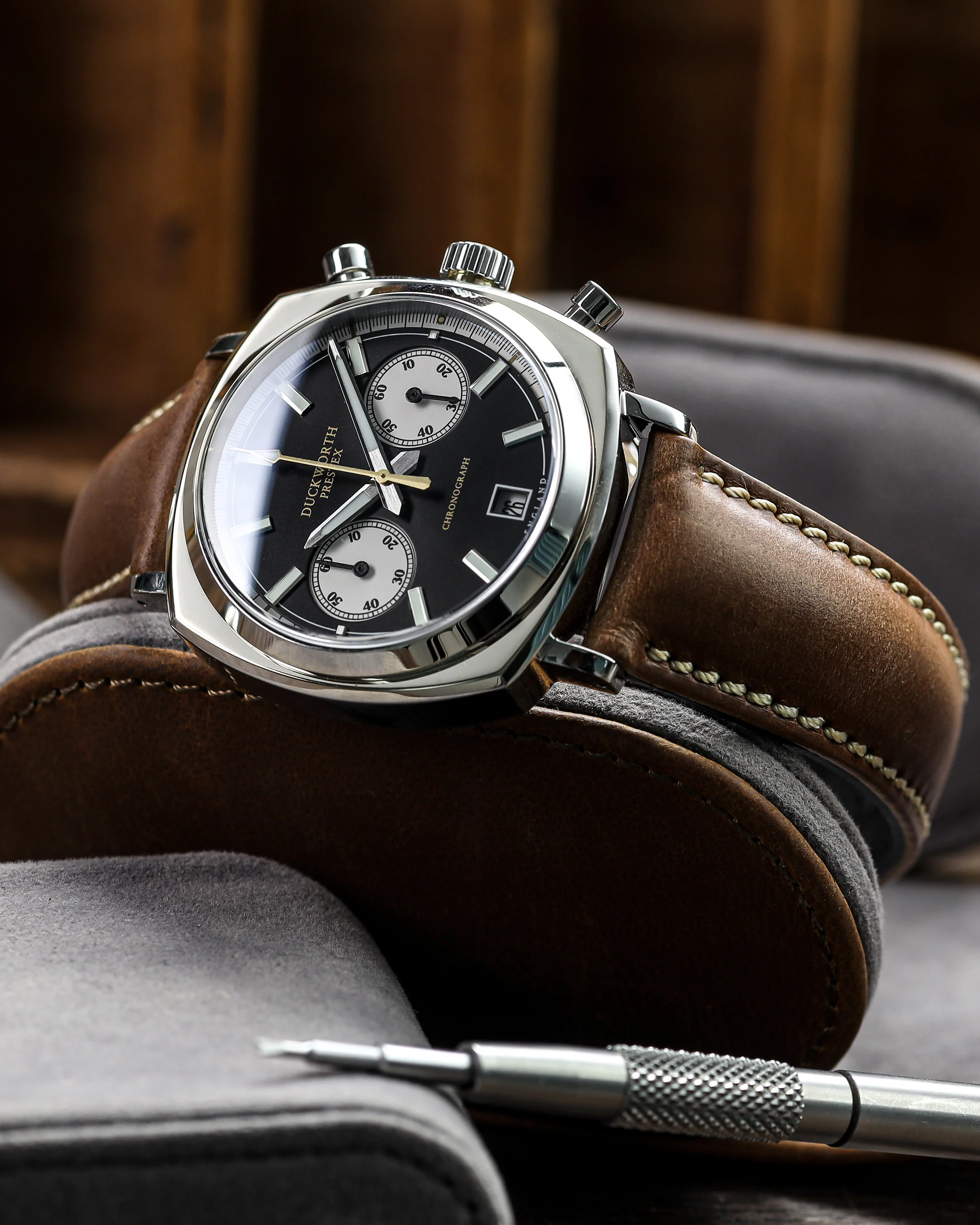 Duckworth Prestex Chronograph 42 Black Sunburst Tan Leather Watch - Image 6