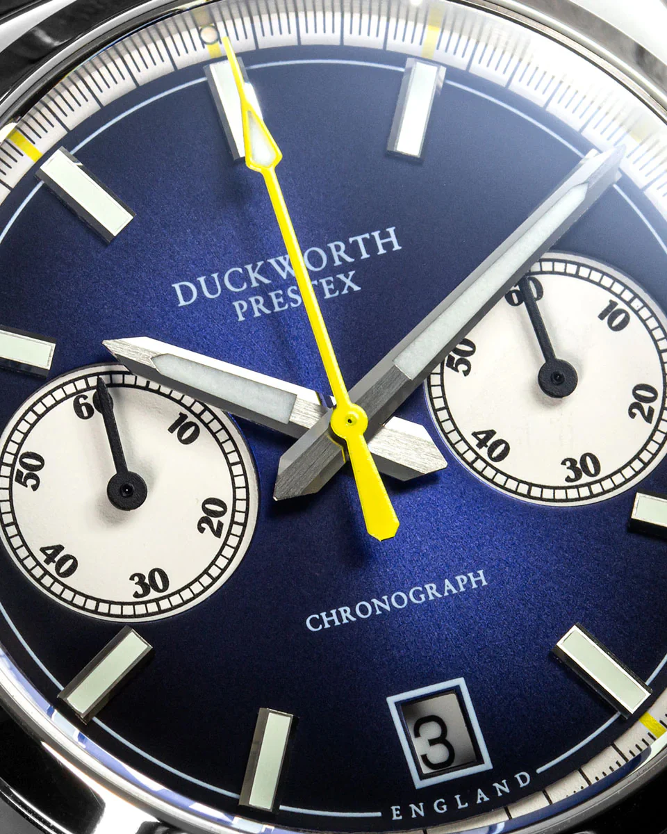 Duckworth Prestex Chronograph 42 Blue Sunburst Grey Leather Watch - Image 3