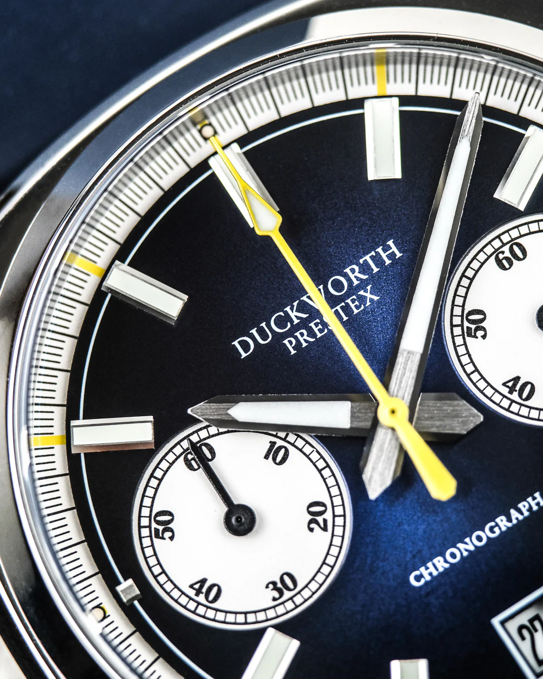Duckworth Prestex Chronograph 42 Blue Sunburst Grey Leather Watch - Image 4