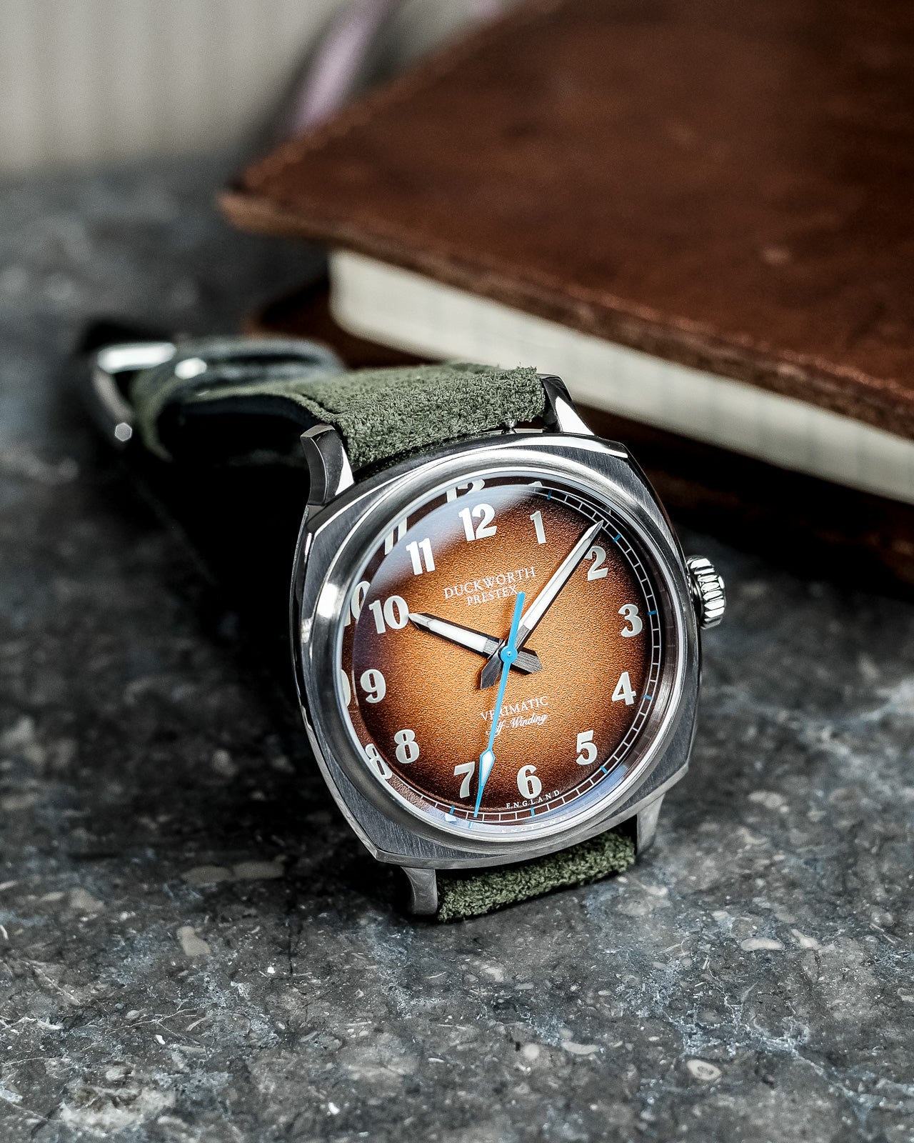 Duckworth Prestex Verimatic Orange Fume Birch Green Suede Watch - Image 3