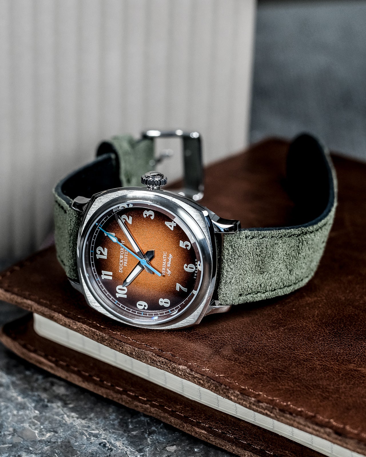 Duckworth Prestex Verimatic Orange Fume Birch Green Suede Watch - Image 4