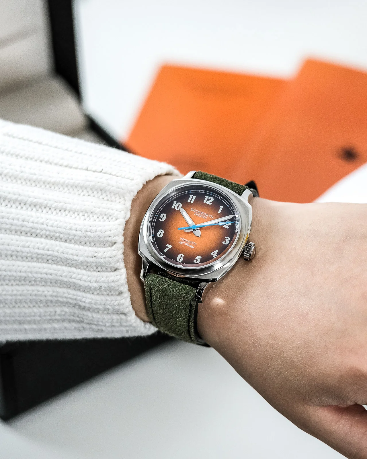 Duckworth Prestex Verimatic Orange Fume Birch Green Suede Watch - Image 5