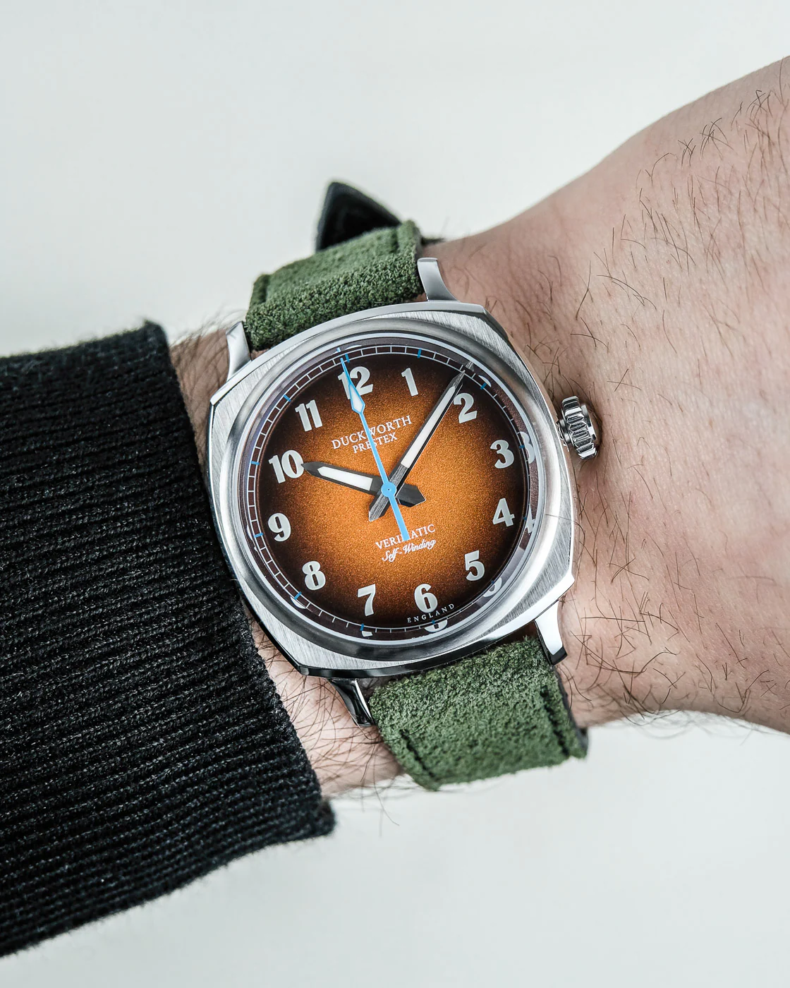 Duckworth Prestex Verimatic Orange Fume Birch Green Suede Watch - Image 6