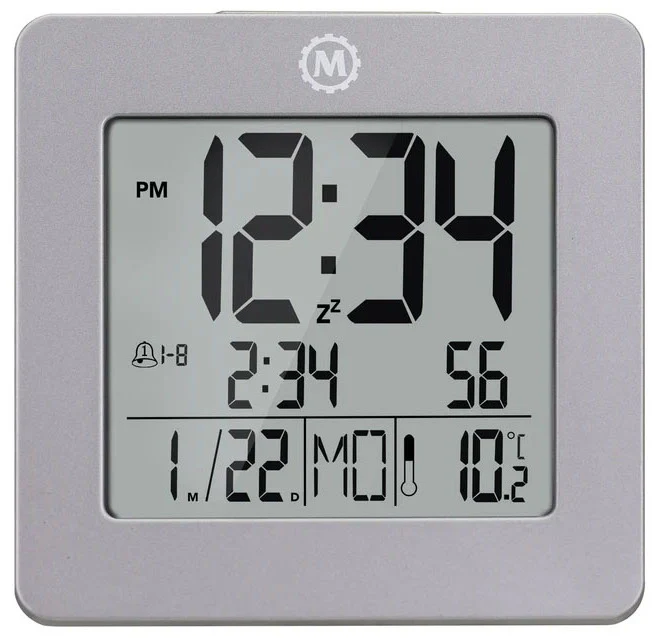 Marathon Clock Digital Desktop Day Date Temperature Alarm & Backlight Graphite Grey