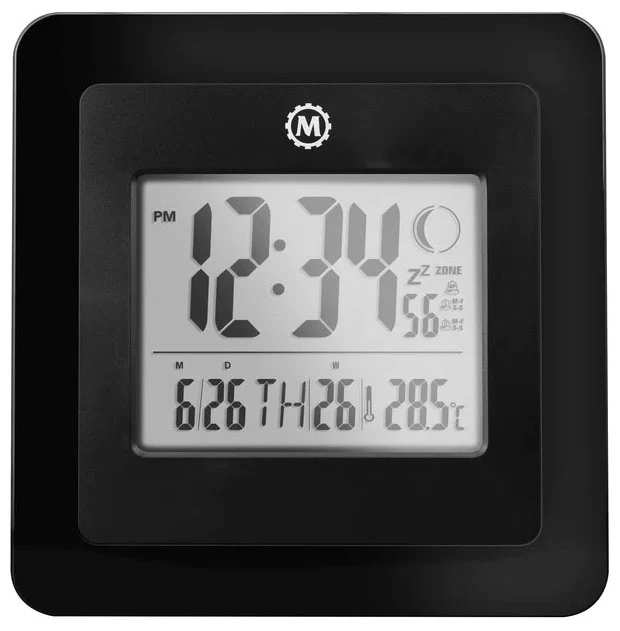 Marathon Clock Digital Wall Day Date Temperature Alarm & Moon Phase Black