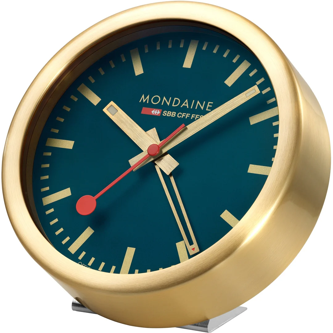 Mondaine Clock Wall & Table Alarm Blue Brushed Gold - Image 3
