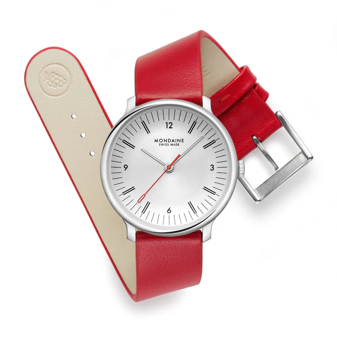 Mondaine Doppio 33mm Red Vegan Grape Leather Watch - Image 4