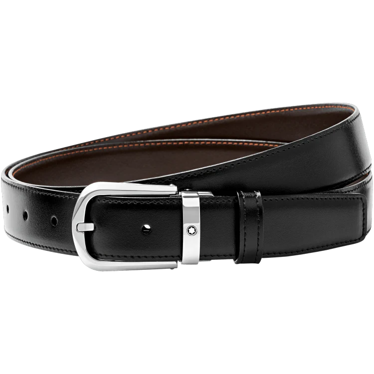 Montblanc Belt Curved Horseshoe Shiny Stainless Steel Pin Buckle Black Brown