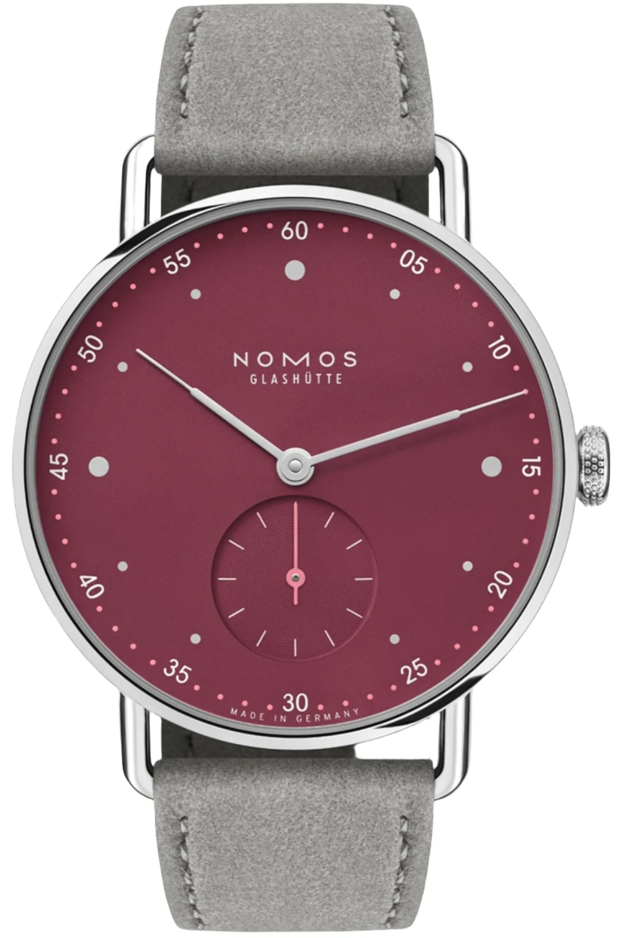 Nomos Glashutte Metro 33 Muted Red Steel Back Watch