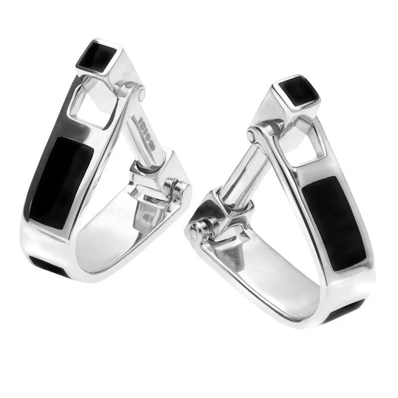 Sterling Silver Whitby Jet Inlaid Oblong Hoop Cufflinks D
